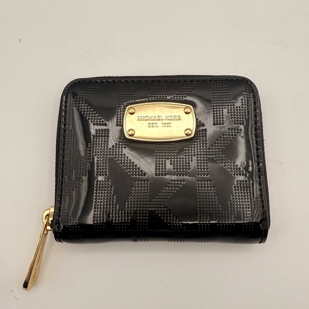 Michael Kors Zip Around Wallet Black Logo Monogram Leather Gold Hardware